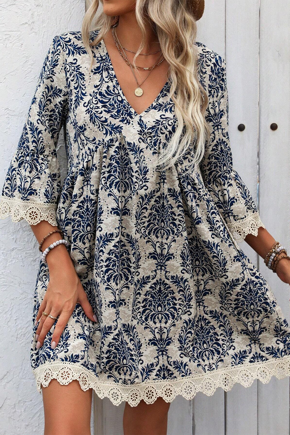 Sky Blue Vintage Printed Lace Trim V Neck 3/4 Sleeve Loose Dress eAura
