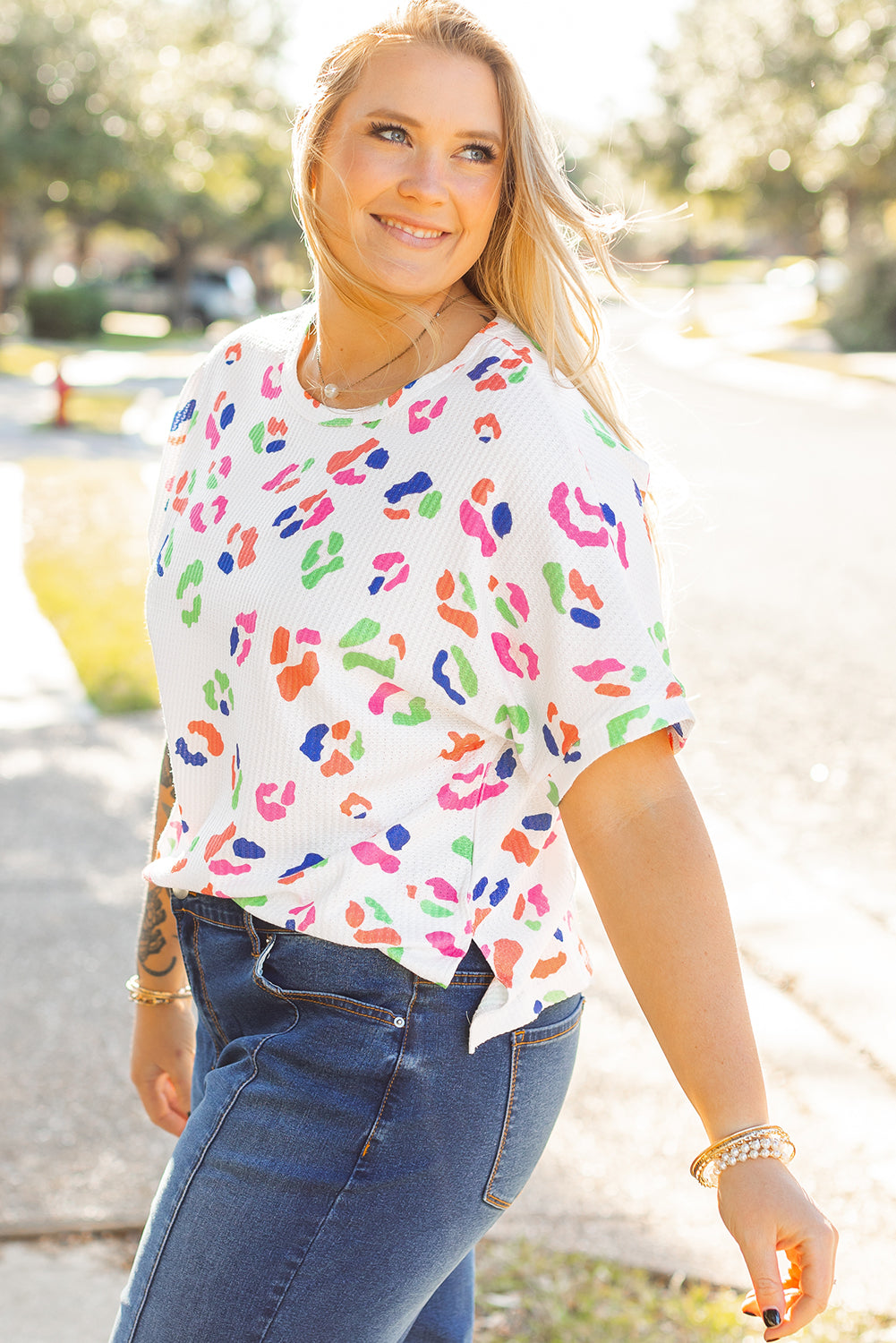 White Multicolour Leopard Print Textured Plus Size T Shirt BB Fashion Outlet