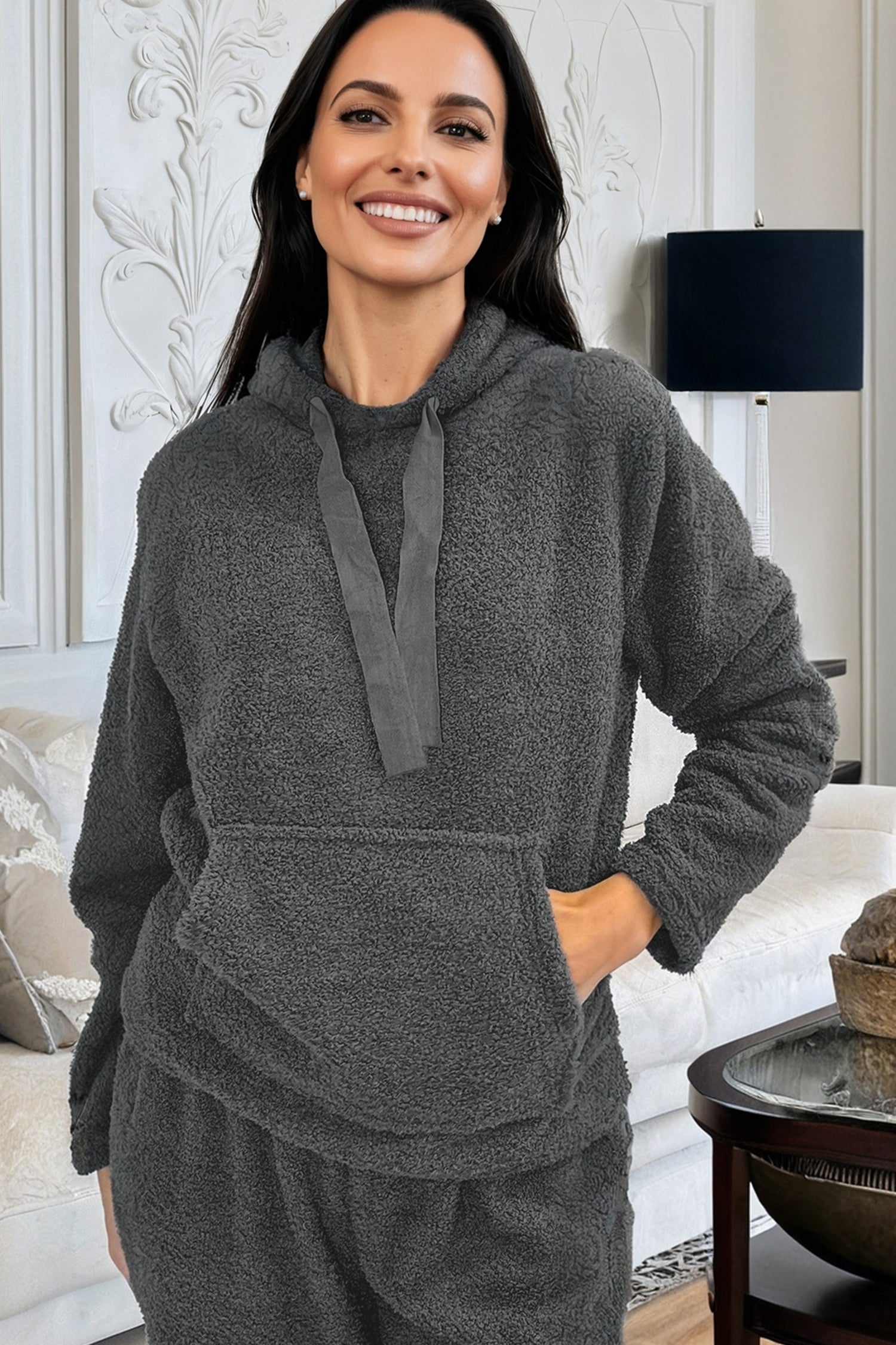 Grey Fuzzy Drawstring Hoodie Loungewear Co-ord Set - eAura