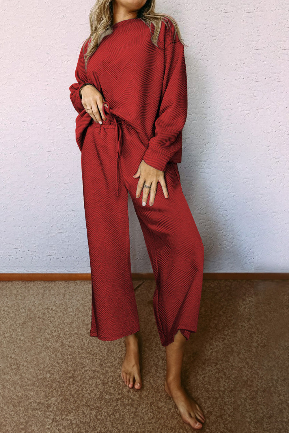 Red Dahlia Ultra Loose Textured 2pcs Slouchy Outfit eAura