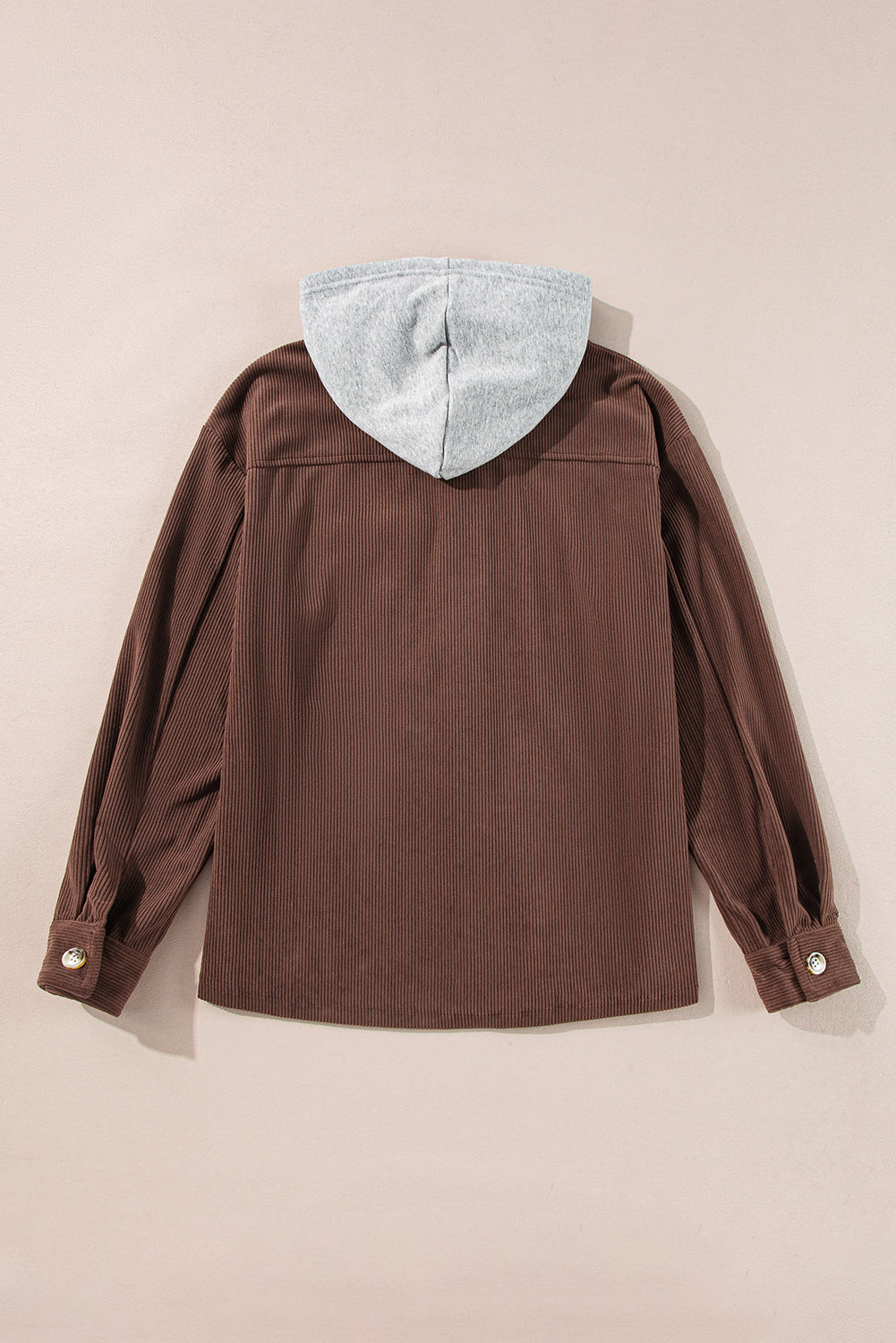 Coffee Hooded Drawstring Pockets Corduroy Shacket eAura