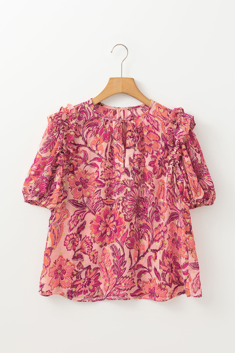 Red Floral Print Ruffled Puff Short Sleeve Blouse eAura