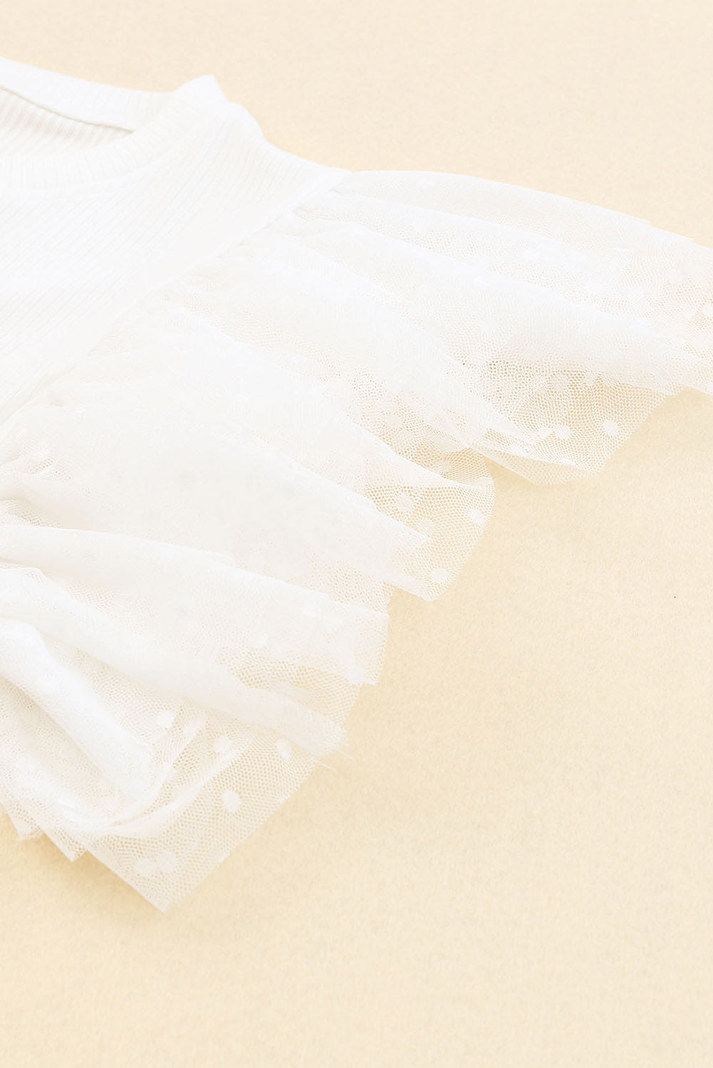 Dotted Mesh Ruffle Sleeve Rib Knit Top - eAura