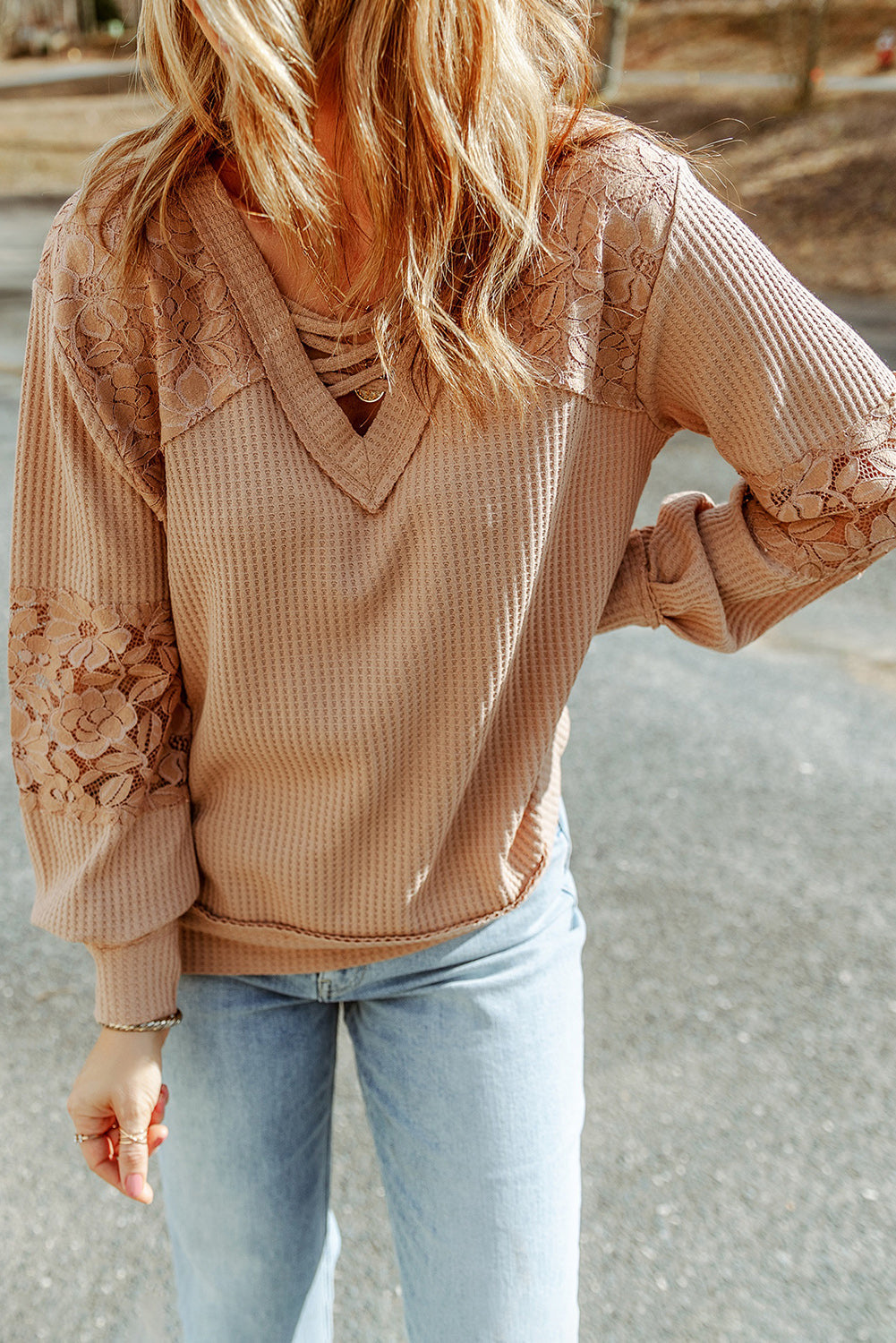 Apricot Lace Waffle Patchwork Strappy V Neck Long Sleeve Top eAura
