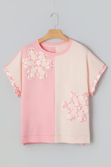 Colour Block Flower Patched Loose T-Shirt