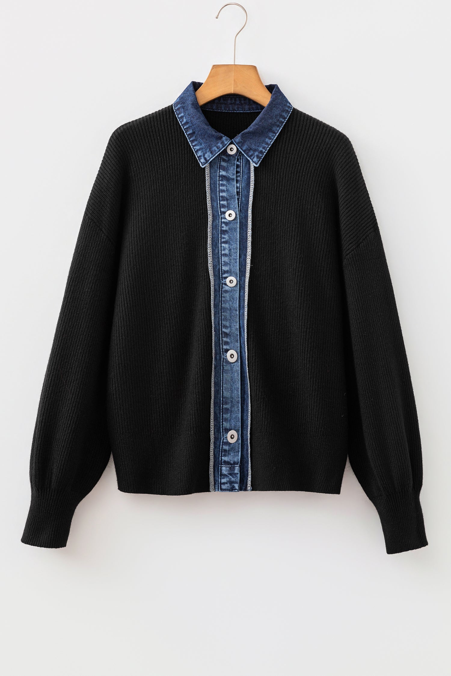 Drop Shoulder Placket Paneling Shirt Collar Long Sleeve Cardigan – Color Black