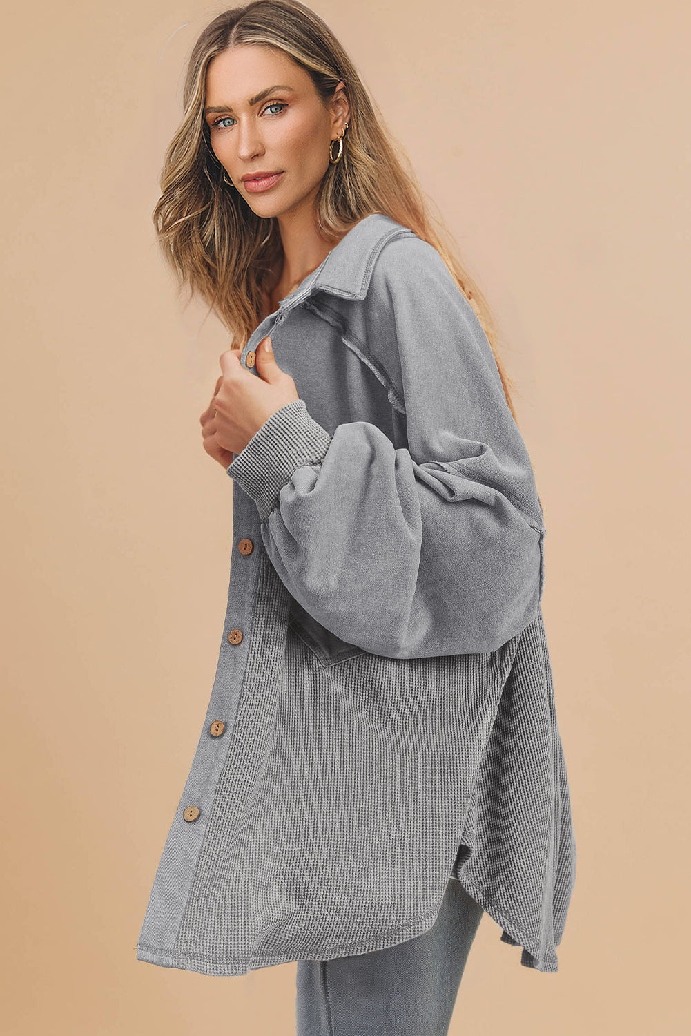 Medium Grey Waffle Textured Exposed Seam Oversized Shacket - eAura