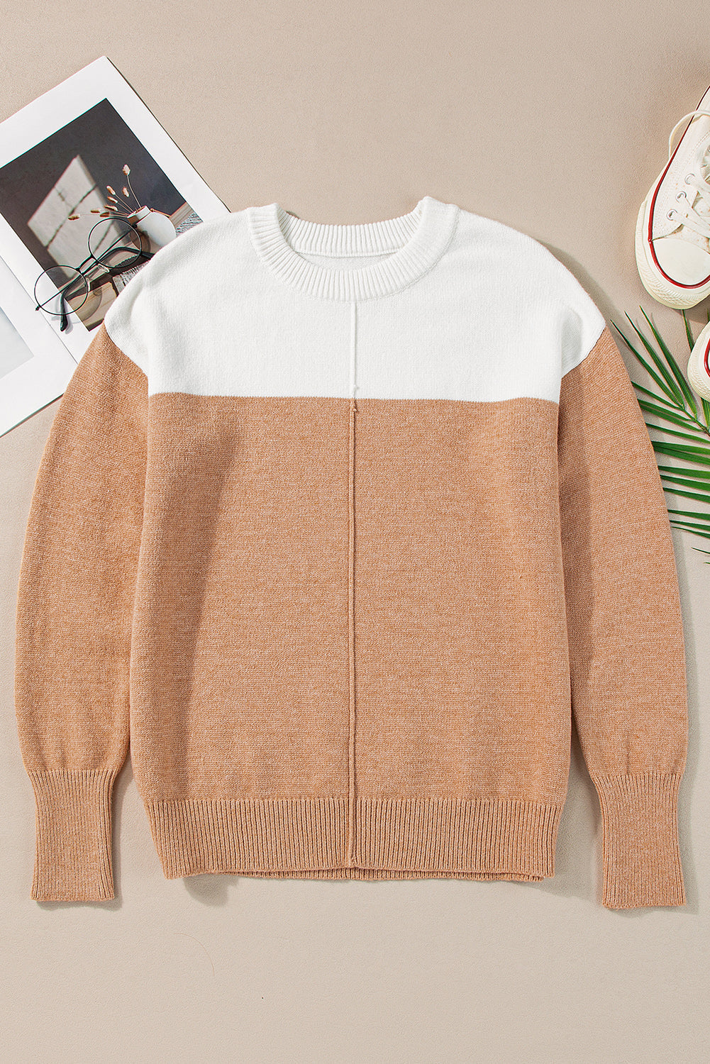 Straw Yellow Colourblock Ribbed Trim Round Neck Sweater eAura