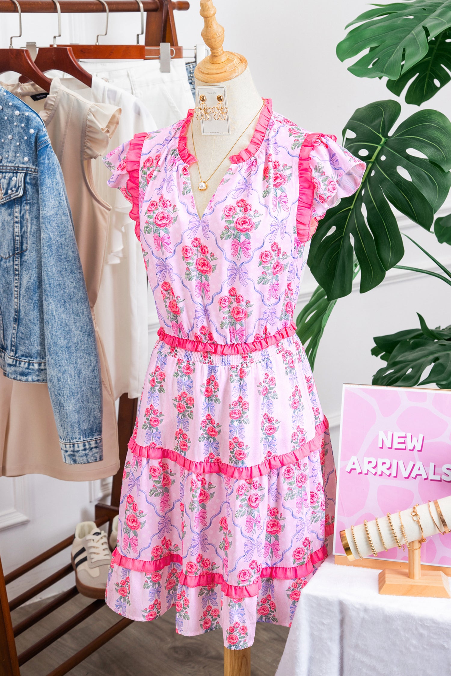 Tiered Ruffle Floral Print Shirred Waist Sleeveless Mini Dress