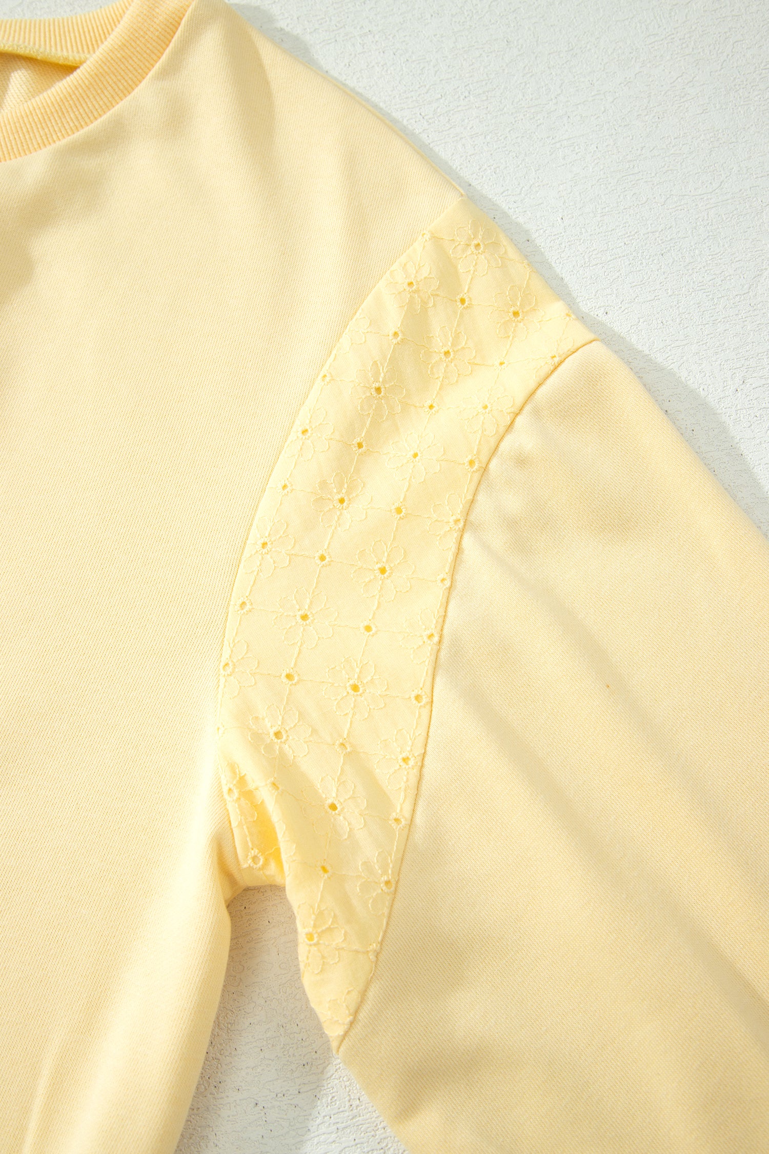 Eyelet Embroidered Lace Patchwork Cropped Pullover Drawstring Pants Set – Yellow Cream