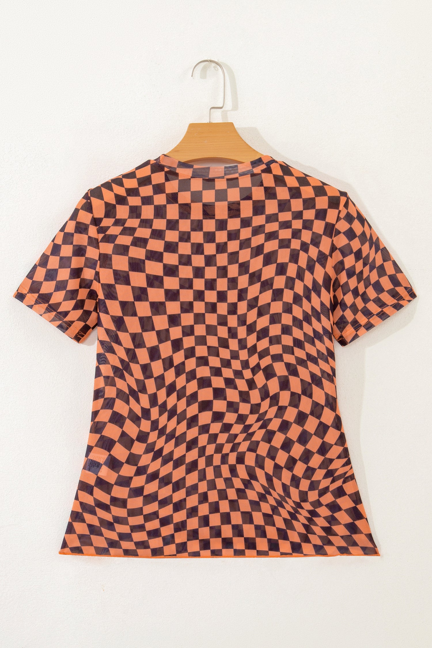Checkered Print Crew Neck Mesh T-Shirt – Orange, Khaki, Black & Purple