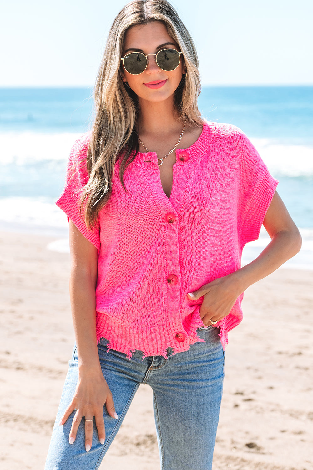 Bright Pink Distressed Hem Short Sleeve Knitted Button Front Sweater eAura