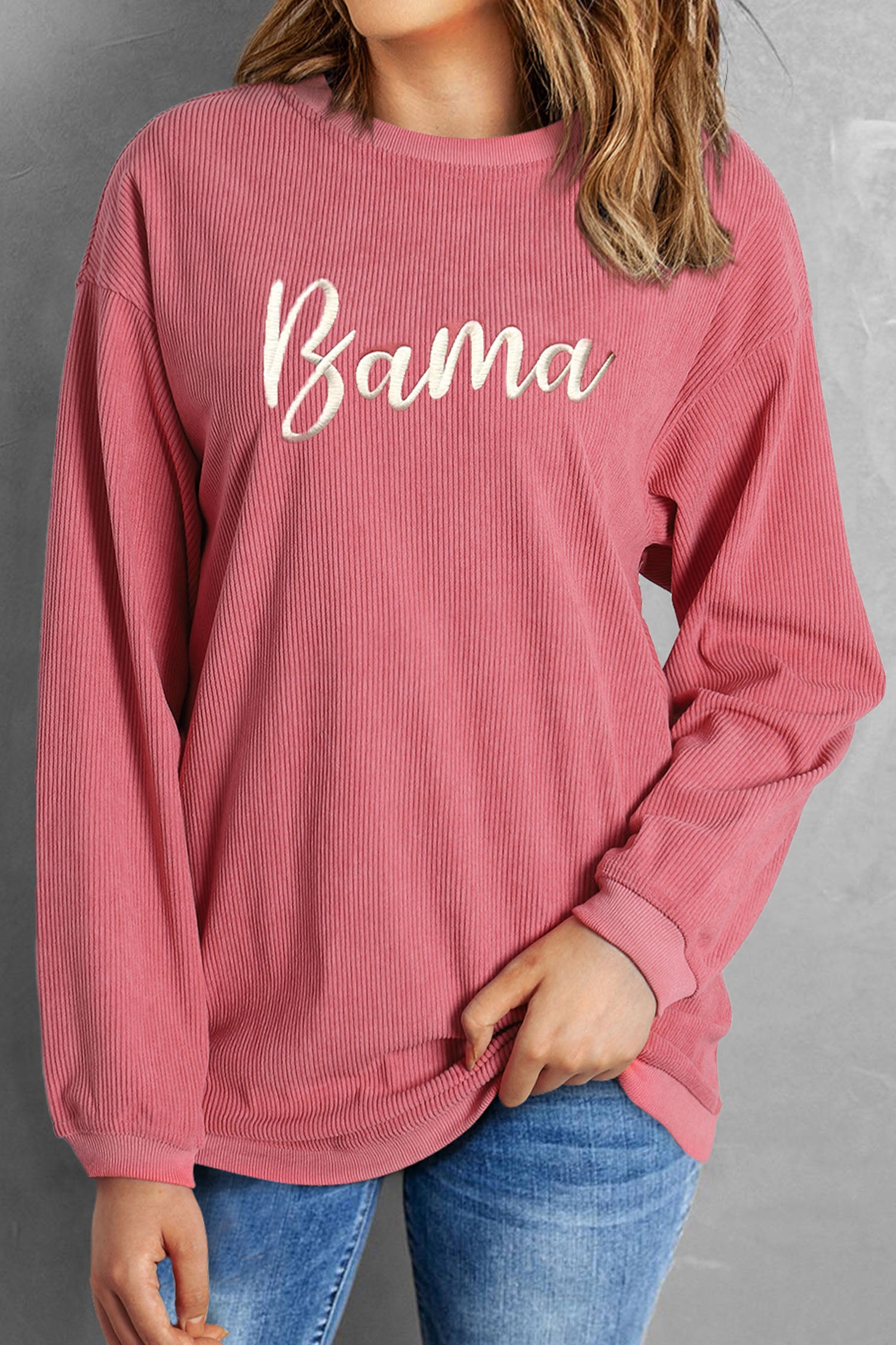Pink Ribbed Bama Embroidered Letter Graphic Sweatshirt - Graphic/Graphic Sweatshirts