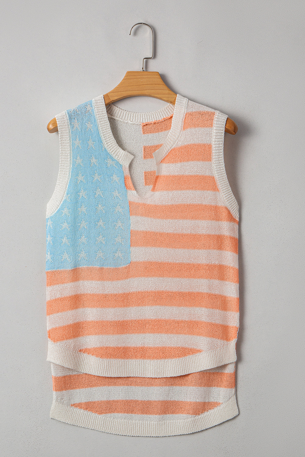 Beige USA Flag Notched Neckline Loose Sweater Vest eAura
