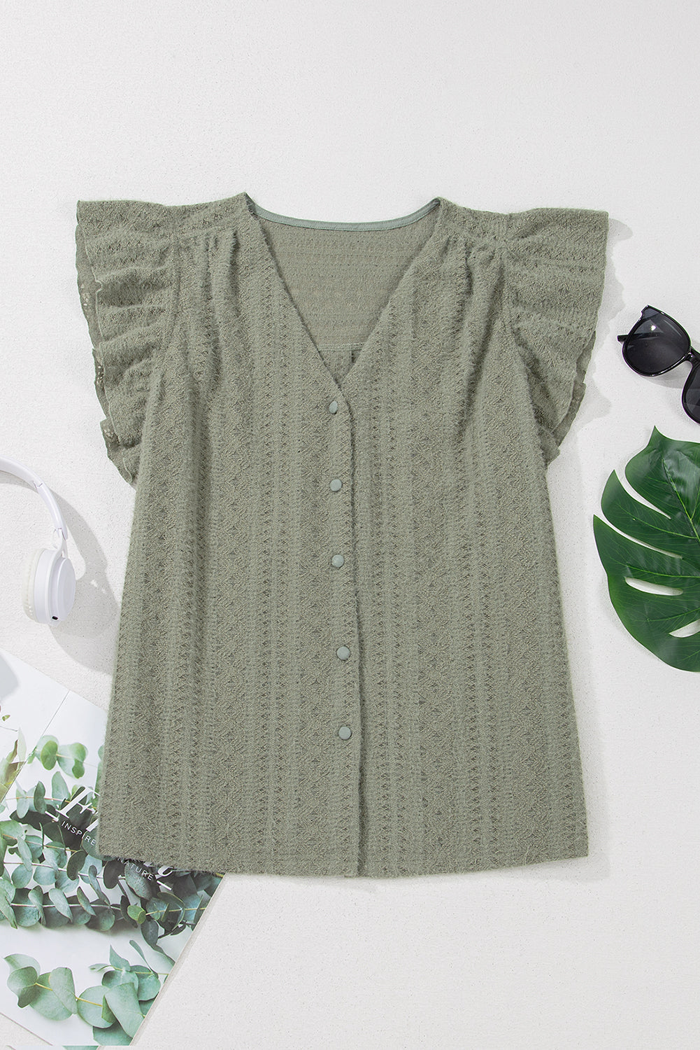 Laurel Green Flutter Sleeve Lace V Neck Shirt eAura