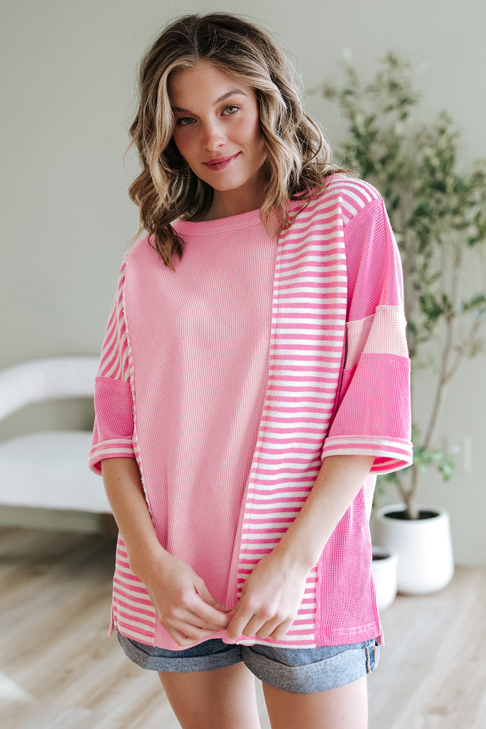 Pink Stripe Color Block Patchwork Loose Half Sleeve T Shirt BB Fashion Outlet