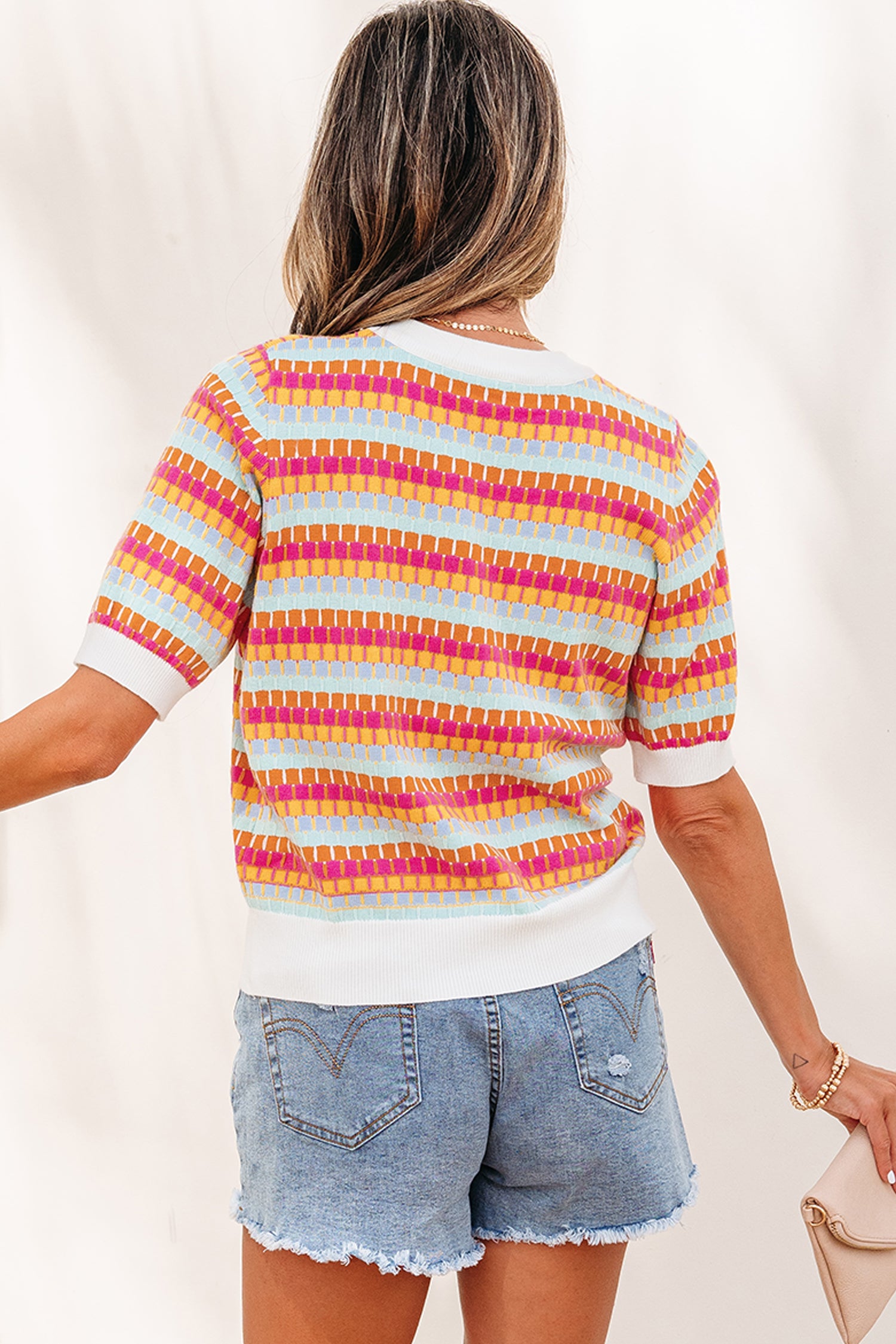 Abstract Striped Knit Short Sleeve Sweater