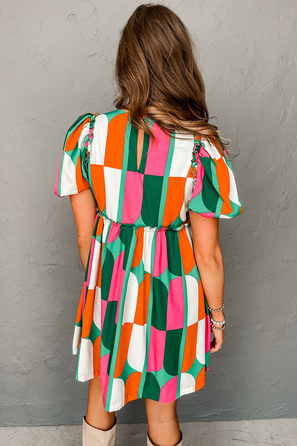 Green Abstract Print Puff Sleeve Short Dress eAura
