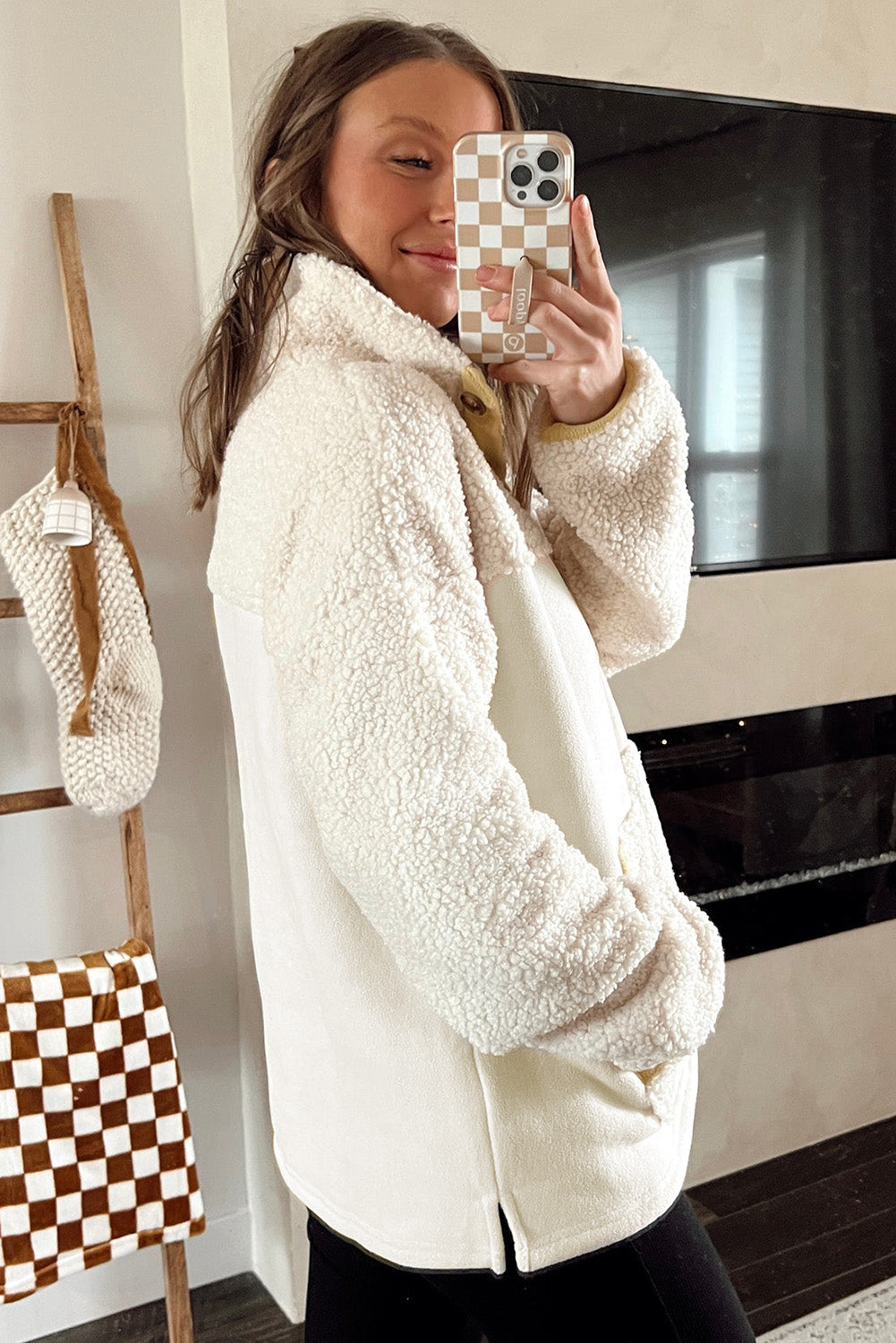 Beige Fleece Colourblock Trim Buttons Collar Sweatshirt with Pocket eAura