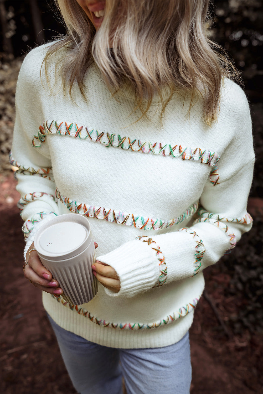 White Colourful Crossed Stitch Drop Shoulder Sweater eAura