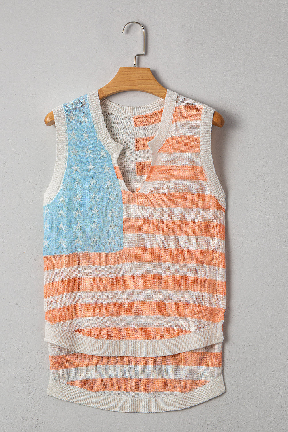 Beige USA Flag Notched Neckline Loose Sweater Vest eAura