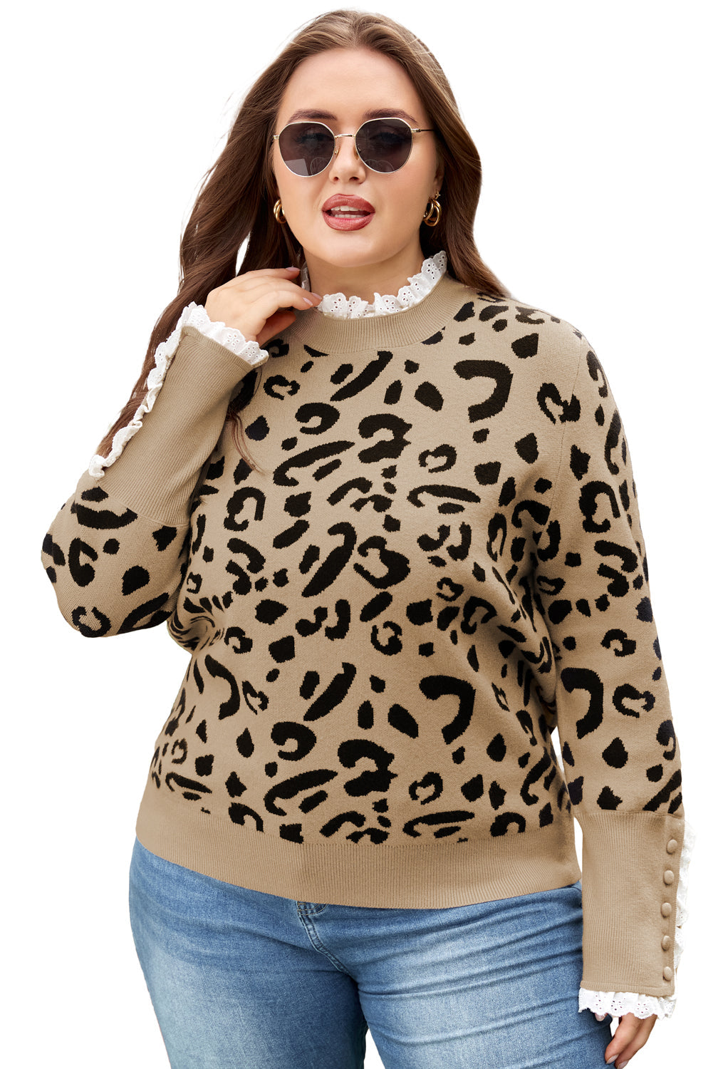 Brown Leopard Knit Lacy Trim Cuffed Plus Size Sweater - eAura