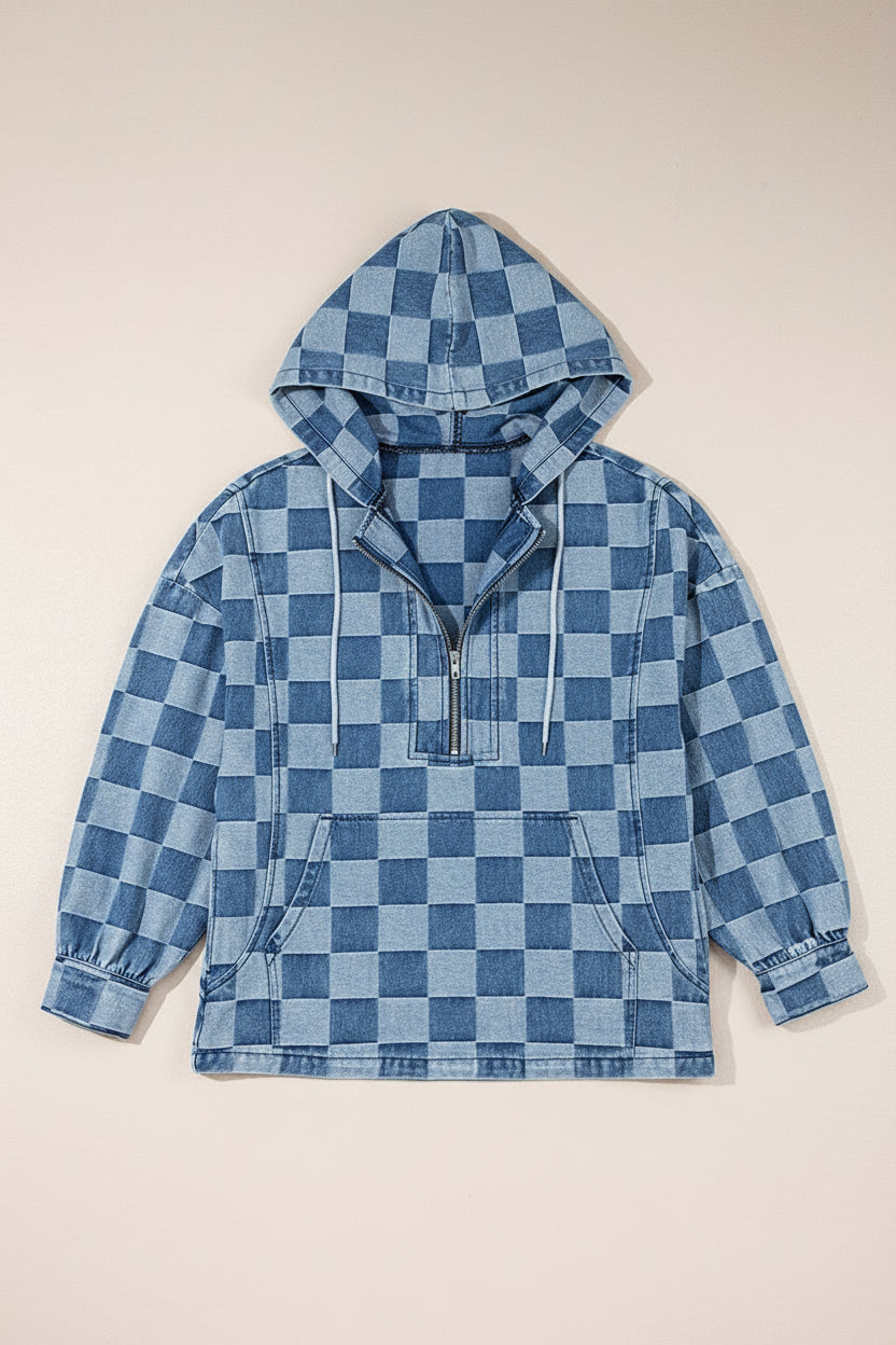 Checkerboard Zip Neck Kangaroo Pocket Denim Hoodie - eAura