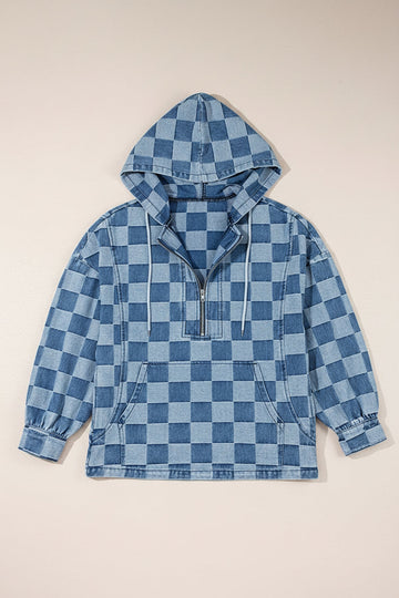 Checkerboard Zip Neck Kangaroo Pocket Denim Hoodie - eAura
