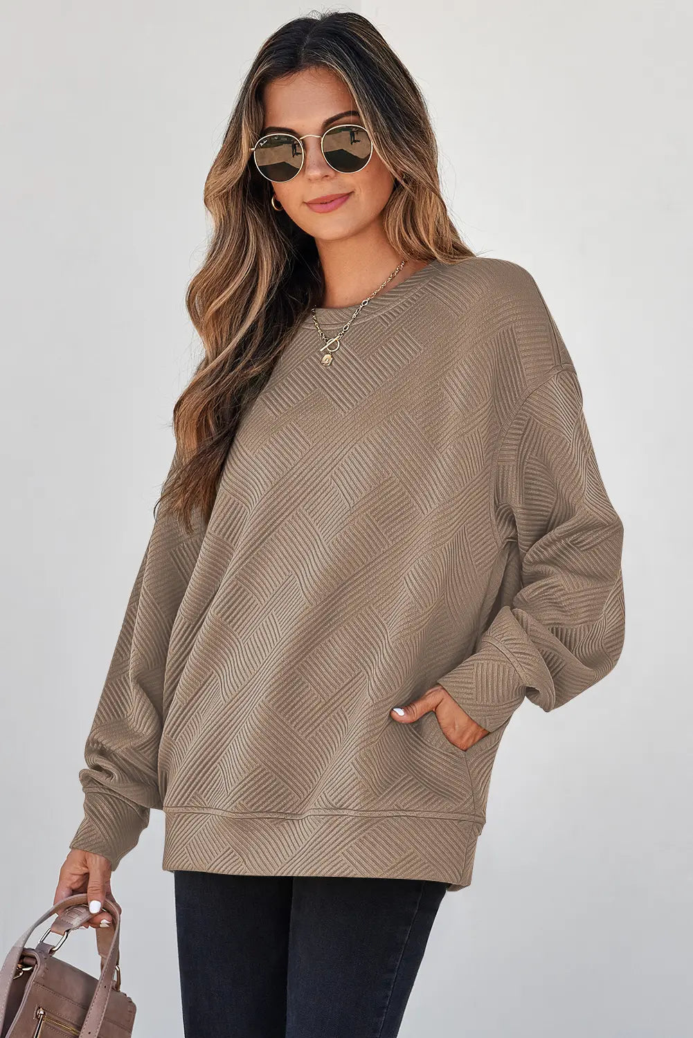Jungle Solid Colour Textured Round Neck Drop Shoulder Pullover Sweatshirt – Green