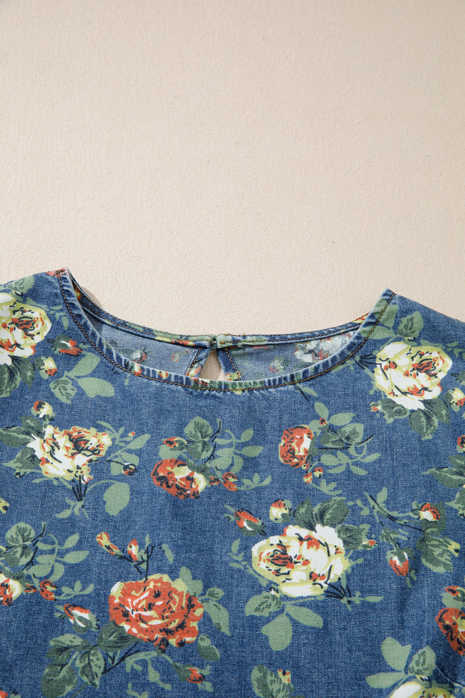 Ruffled Short Sleeve Floral Denim Top