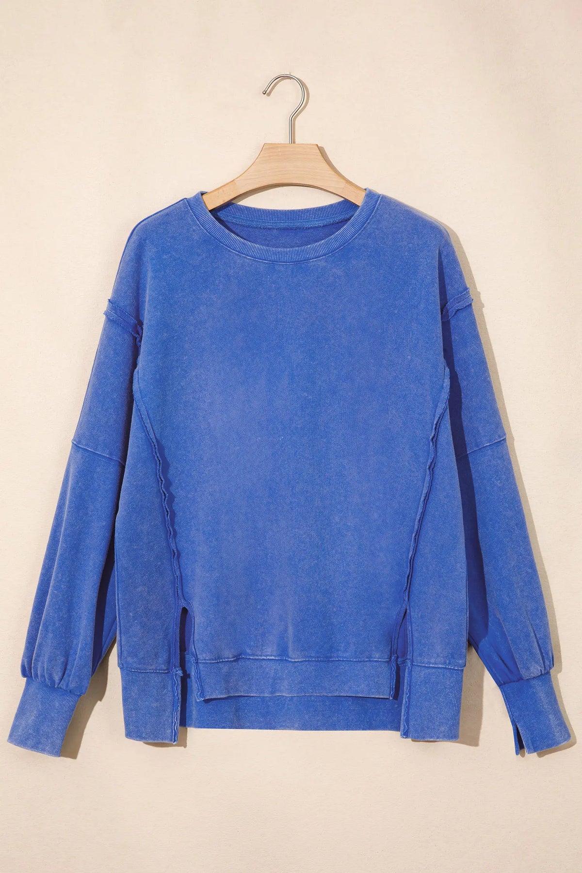 Mineral Wash Split Hem Loose Tunic Sweatshirt – Light Blue
