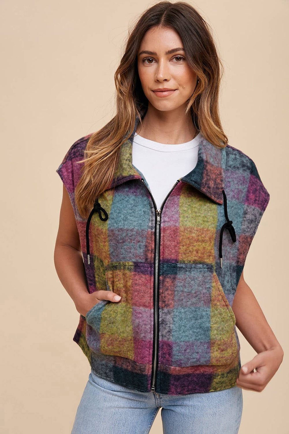 Multicolour Plaid Print Loose Sleeveless Jacket eAura