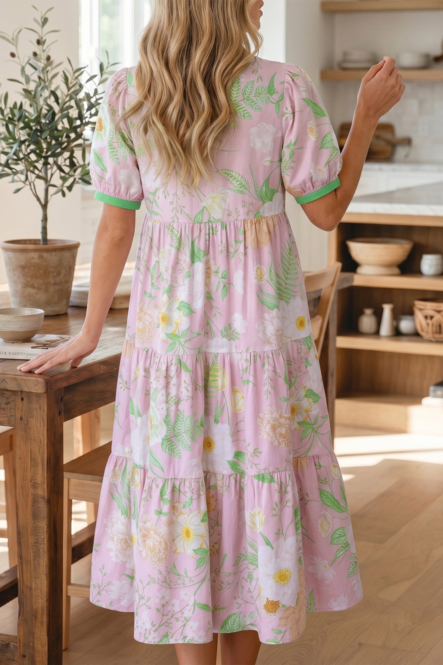 Floral Print Short Puff Sleeve High Waist Tiered Maxi Dress – Pink