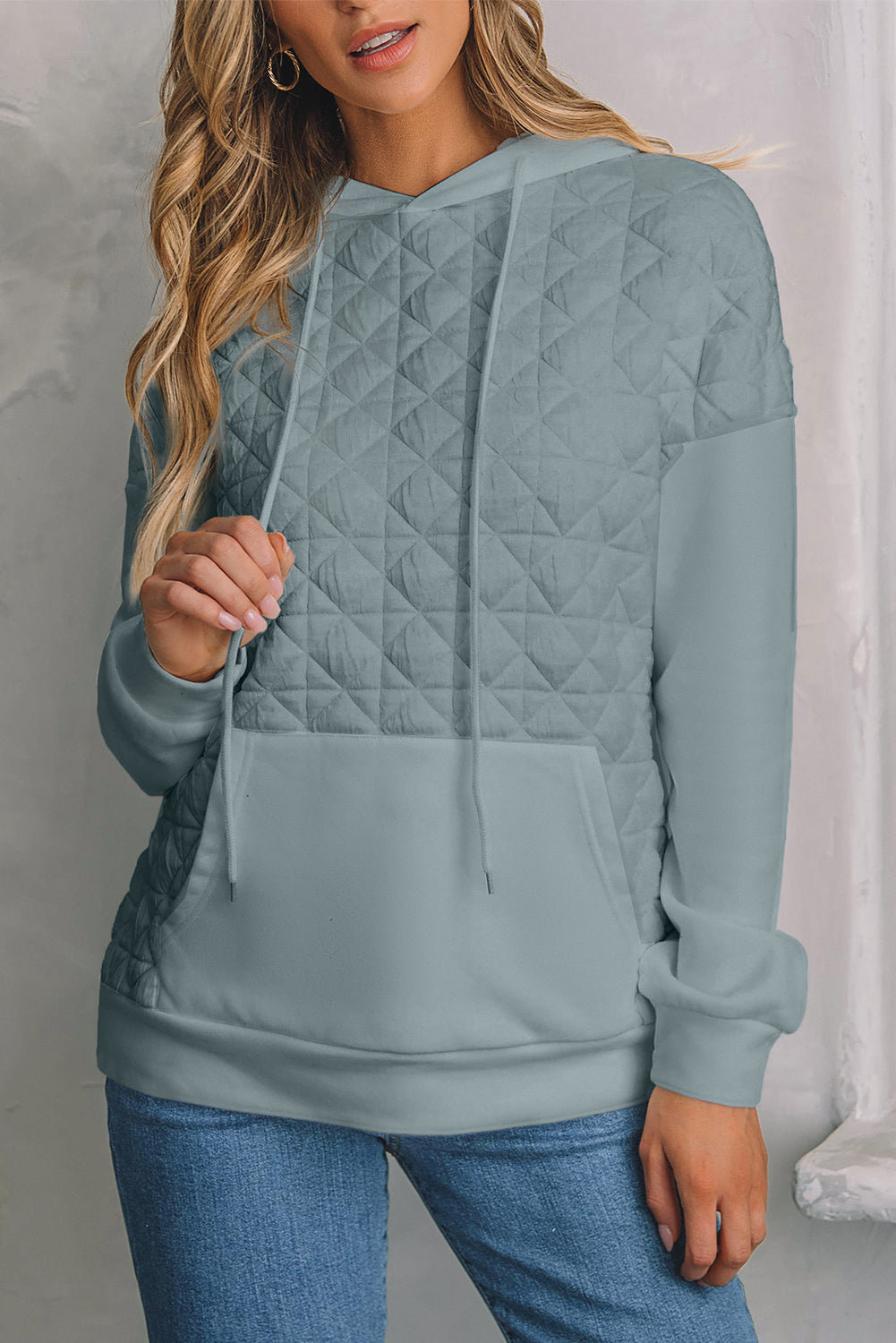 Light Grey Drop Shoulder Quilted Patchwork Kangaroo Pocket Hoodie eAura