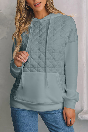 Light Grey Drop Shoulder Quilted Patchwork Kangaroo Pocket Hoodie eAura