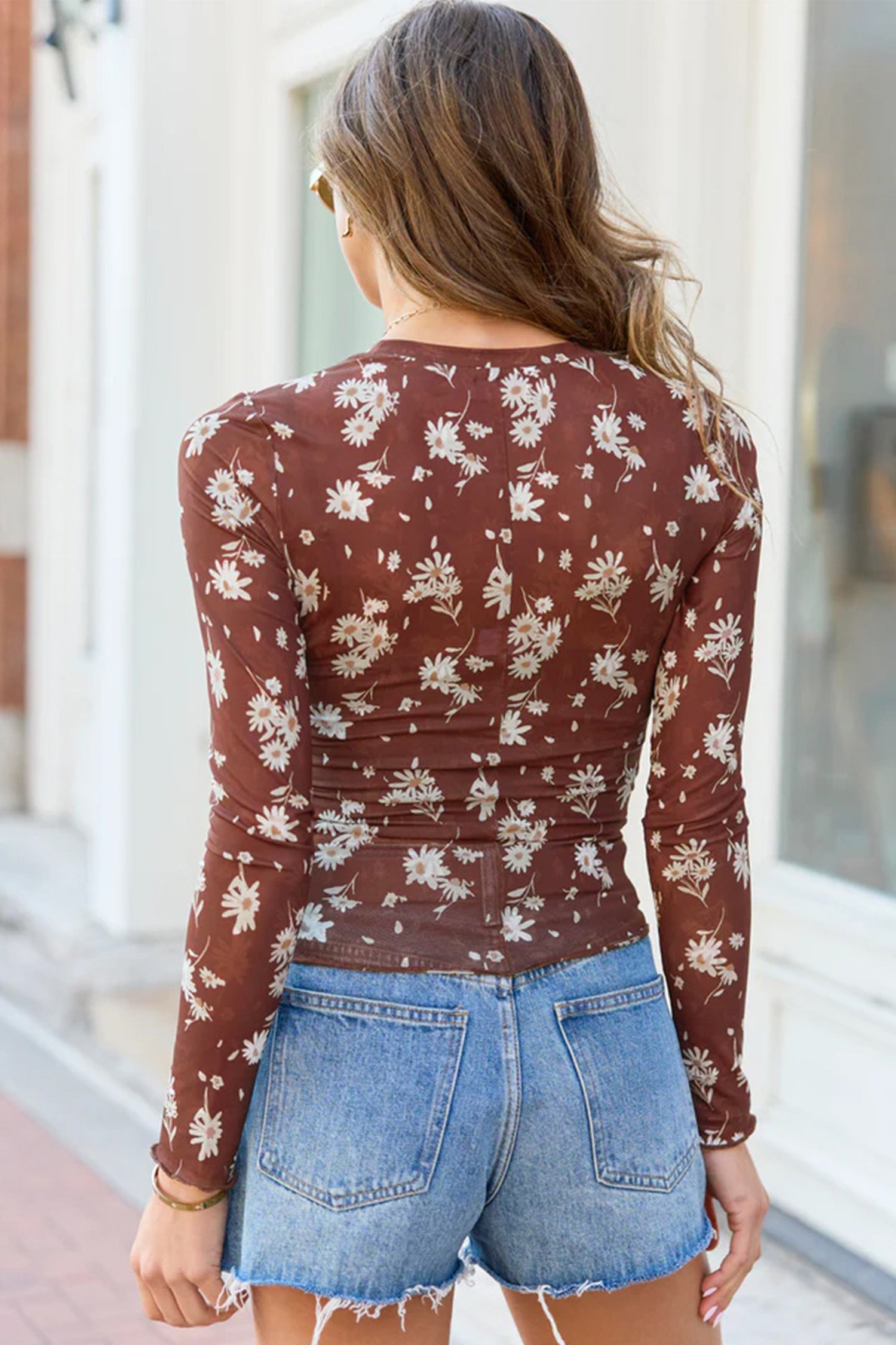Floral Print Sheer Mesh Long Sleeve Top – Brown
