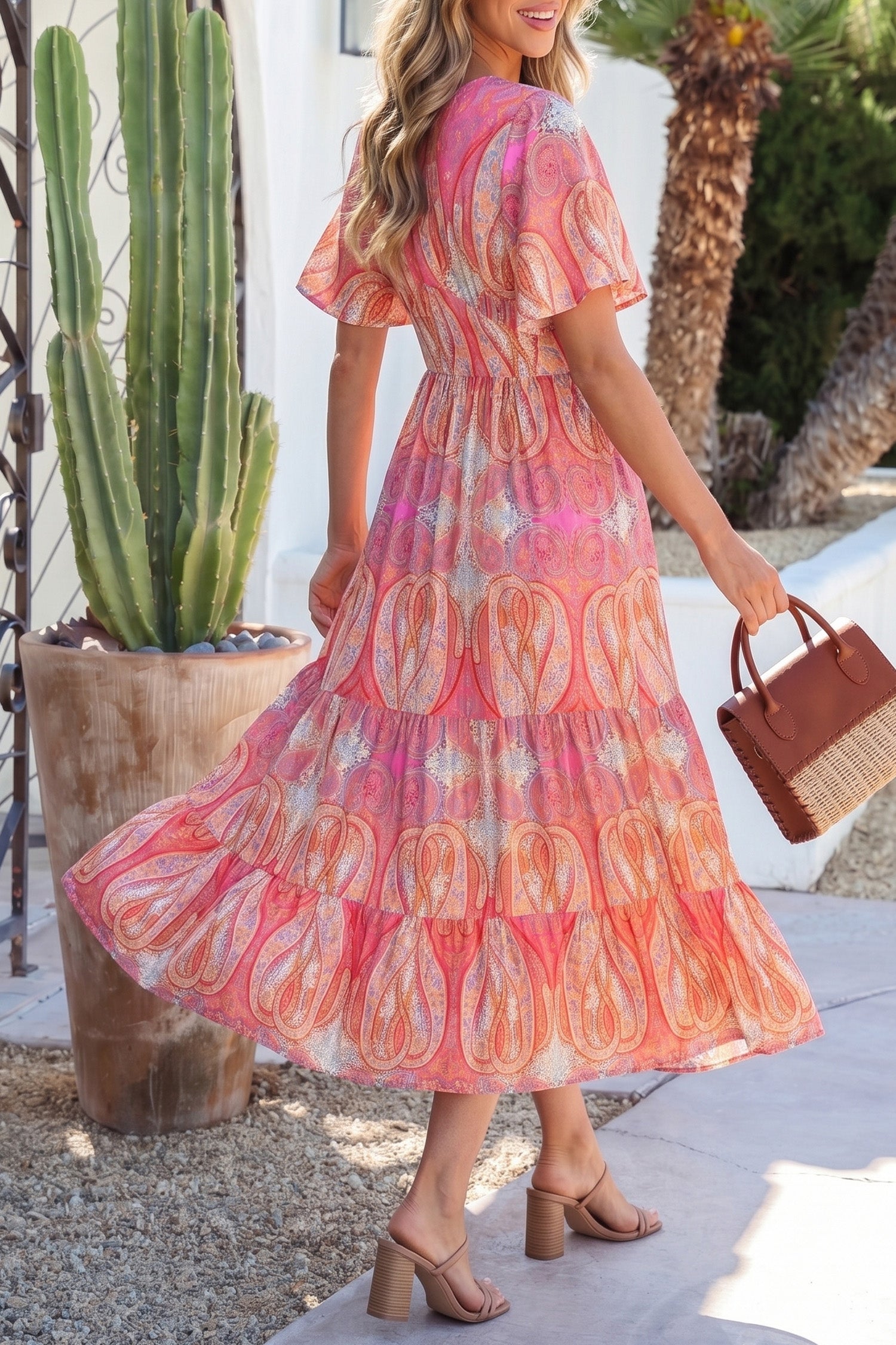 Paisley Print V-Neck Short Sleeve Boho Maxi Dress with Ruffle Details – Multicolour
