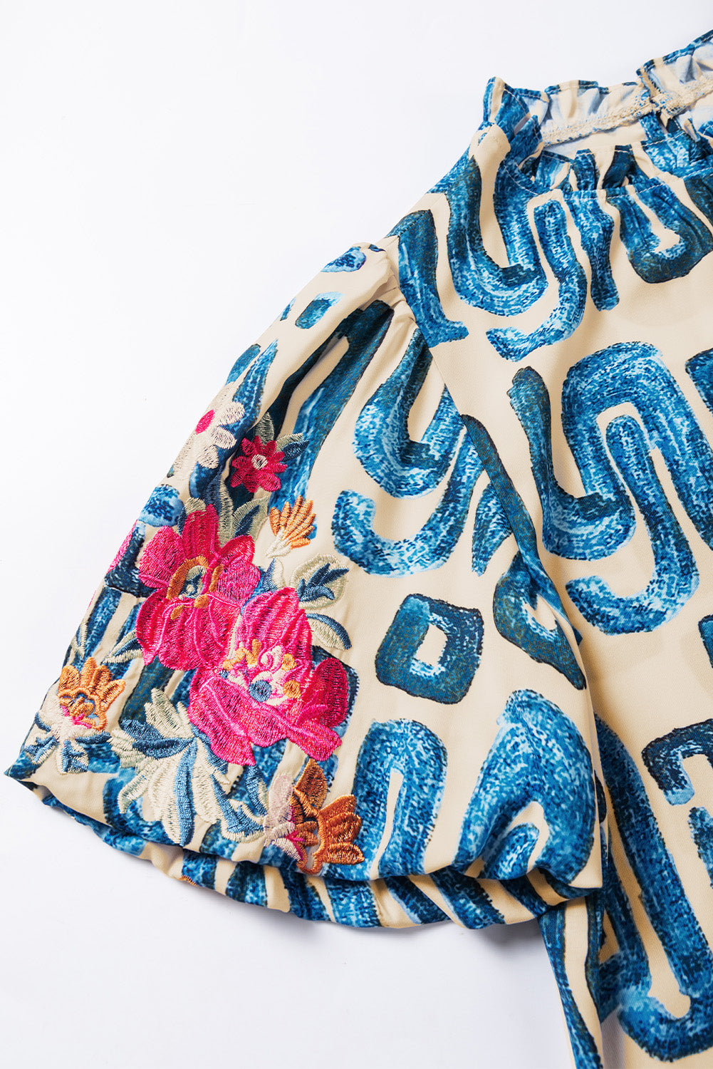 Beige Embroidered Puff Sleeve Frilled Neck Printed Top eAura