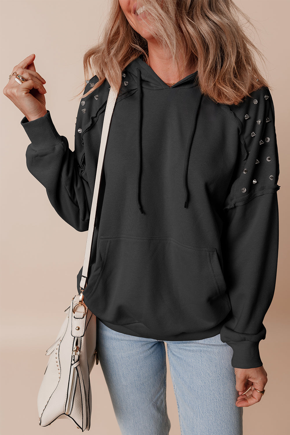 Fushia Solid Color Rivet Stud Raglan Sleeve Hoodie with Pocket BB Fashion Outlet