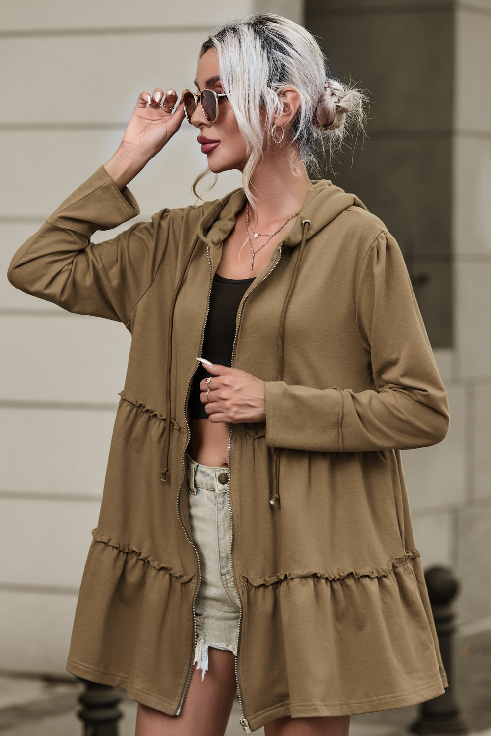Khaki Tiered Ruffled Zip-Up Drawstring Hooded Jacket eAura