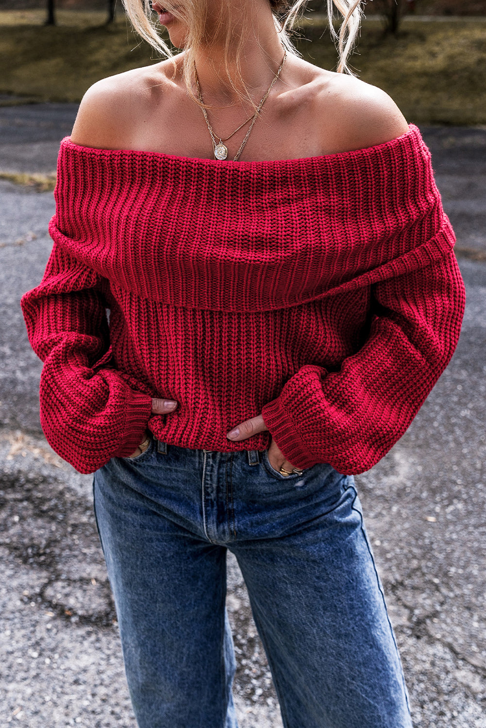 Racing Red Off-the-shoulder Knit Sweater eAura