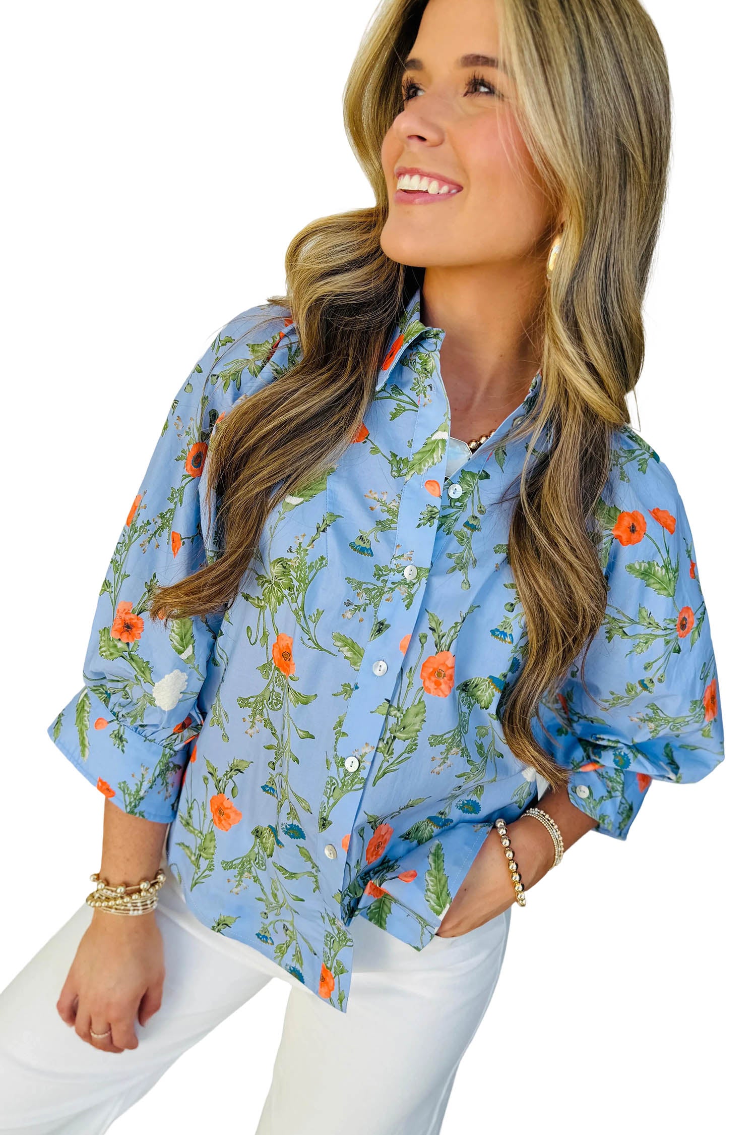 Sky Blue Floral Print Bracelet Sleeve Button Down Casual Shirt – Light Blue