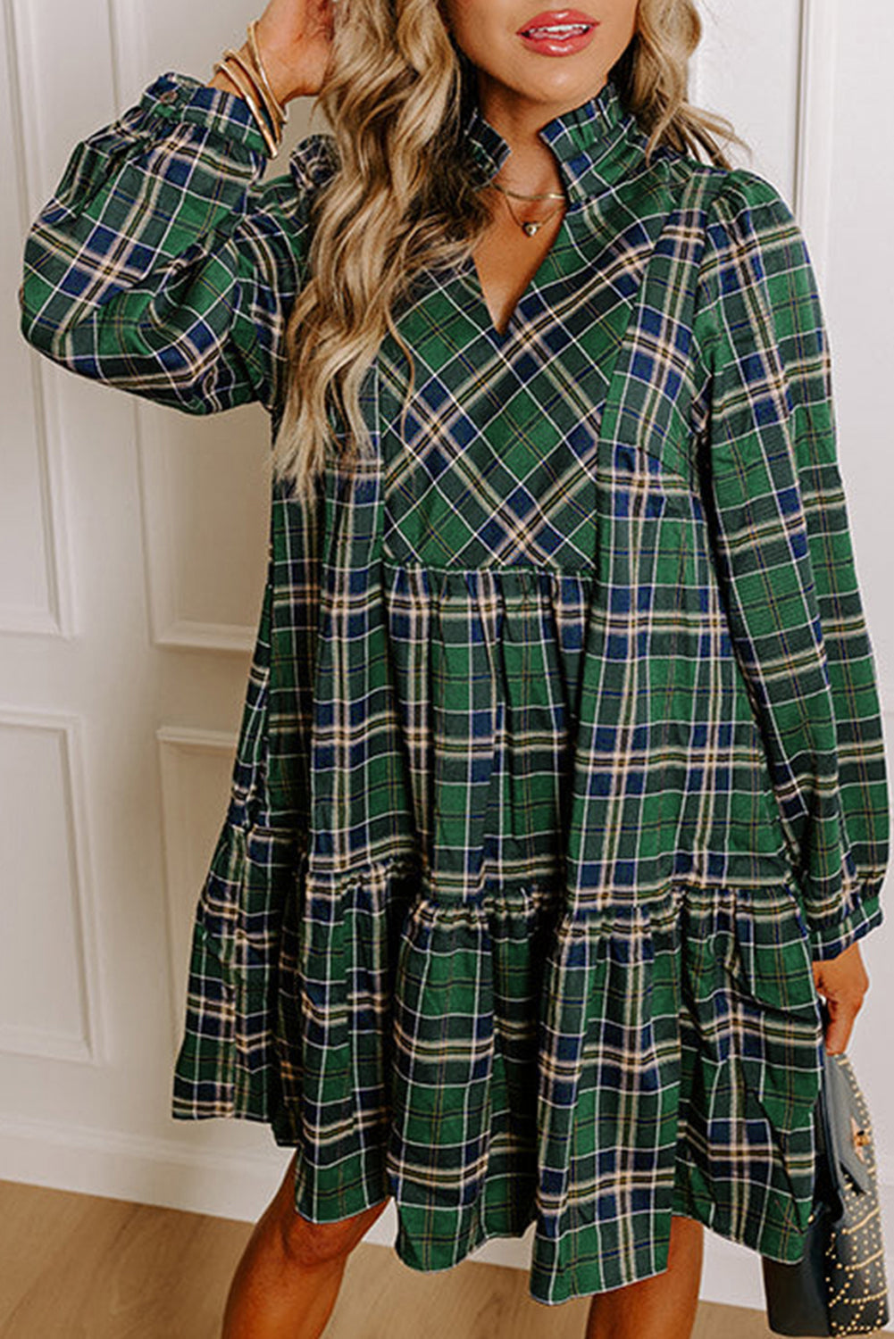 Green Plaid Print Frilly Collar Long Sleeve Shift Mini Dress Dear-Lover Dropshipping