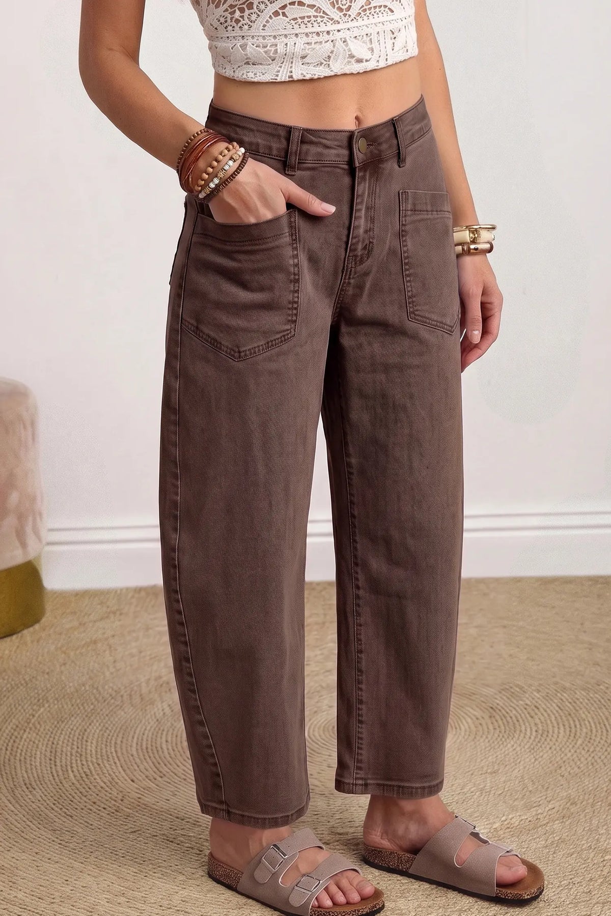 Solid Colour Square Patch Pocket Ankle-length Barrel Jeans – Beau Blue