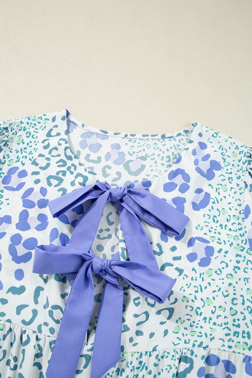 Blue Leopard Contrast Bow Puff Sleeve Mini Dress eAura
