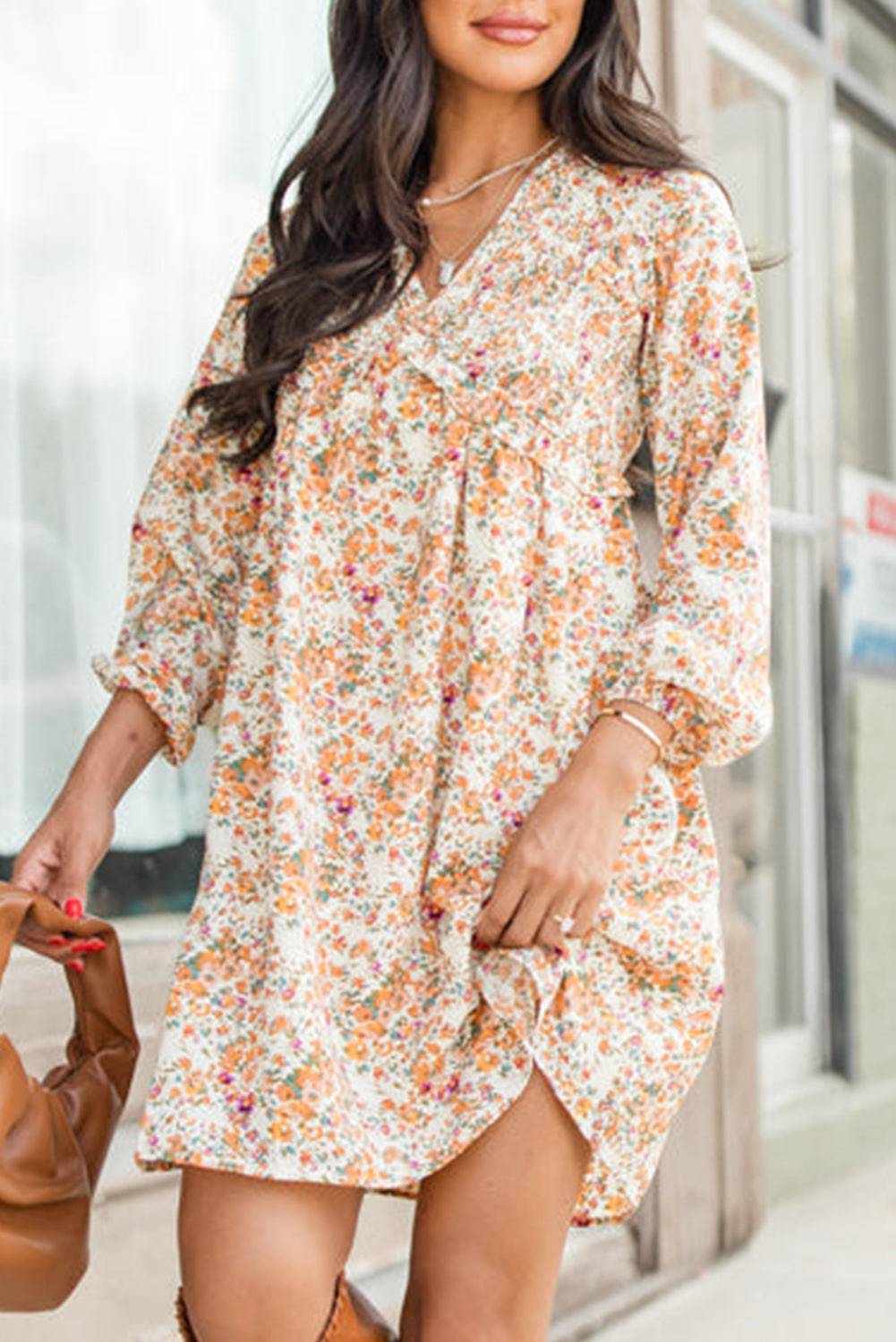 Yellow Boho Floral V Neck Ruffled Empire Waist Long Sleeve Mini Dress eAura