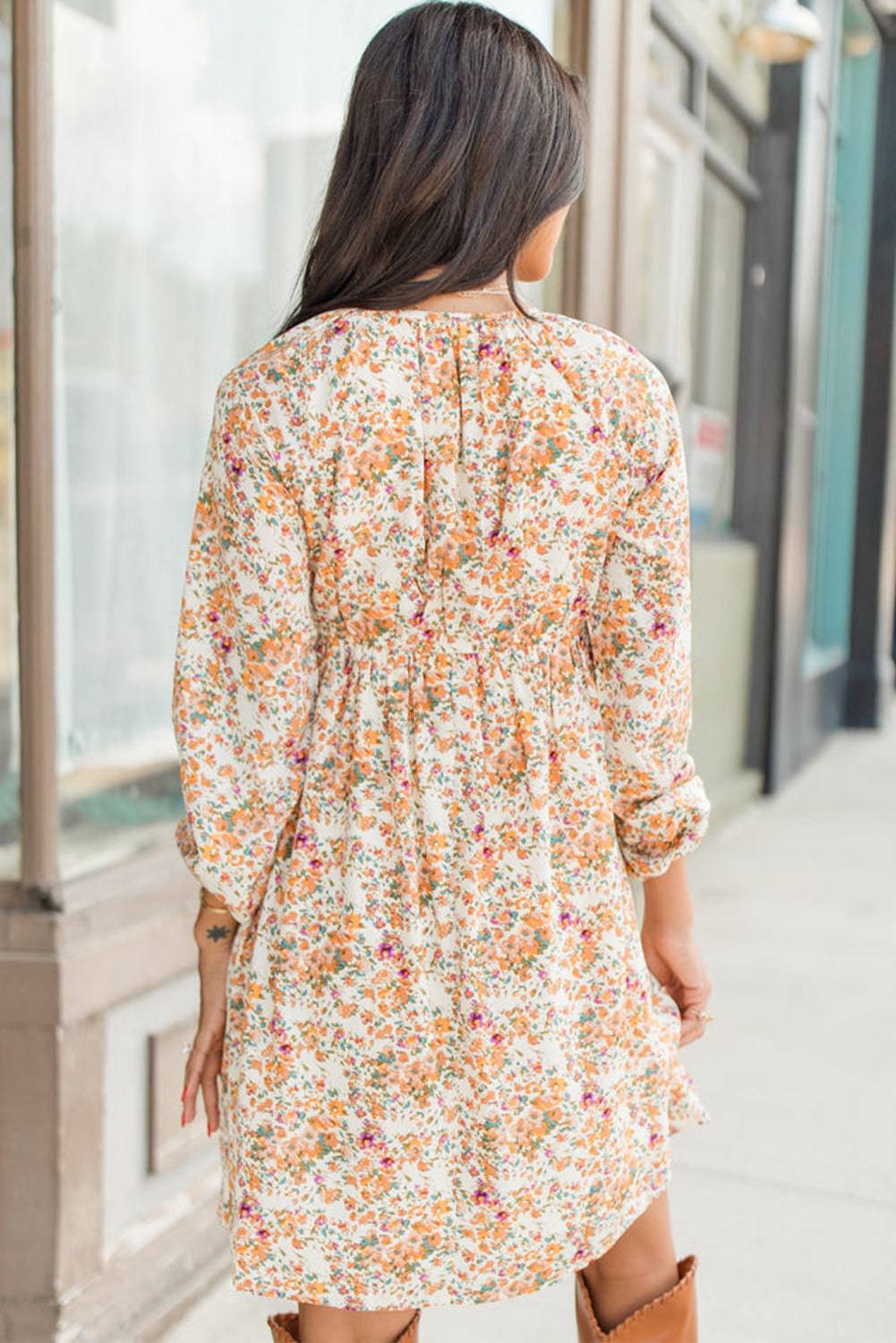 Yellow Boho Floral V Neck Ruffled Empire Waist Long Sleeve Mini Dress eAura