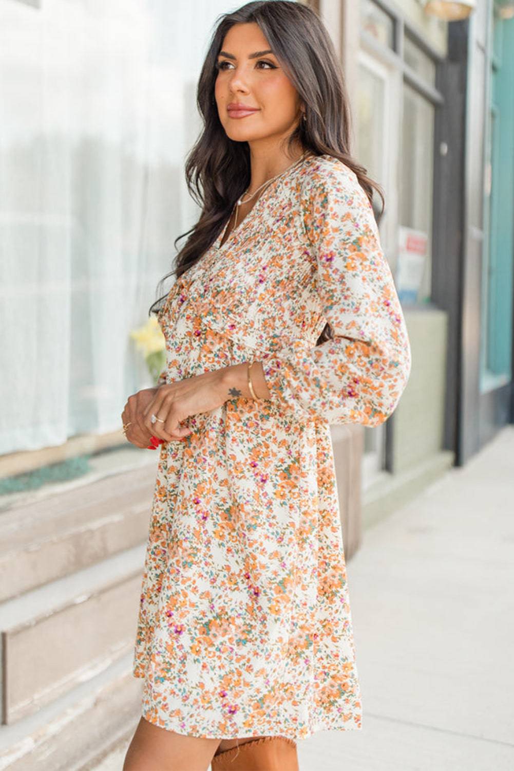 Yellow Boho Floral V Neck Ruffled Empire Waist Long Sleeve Mini Dress eAura