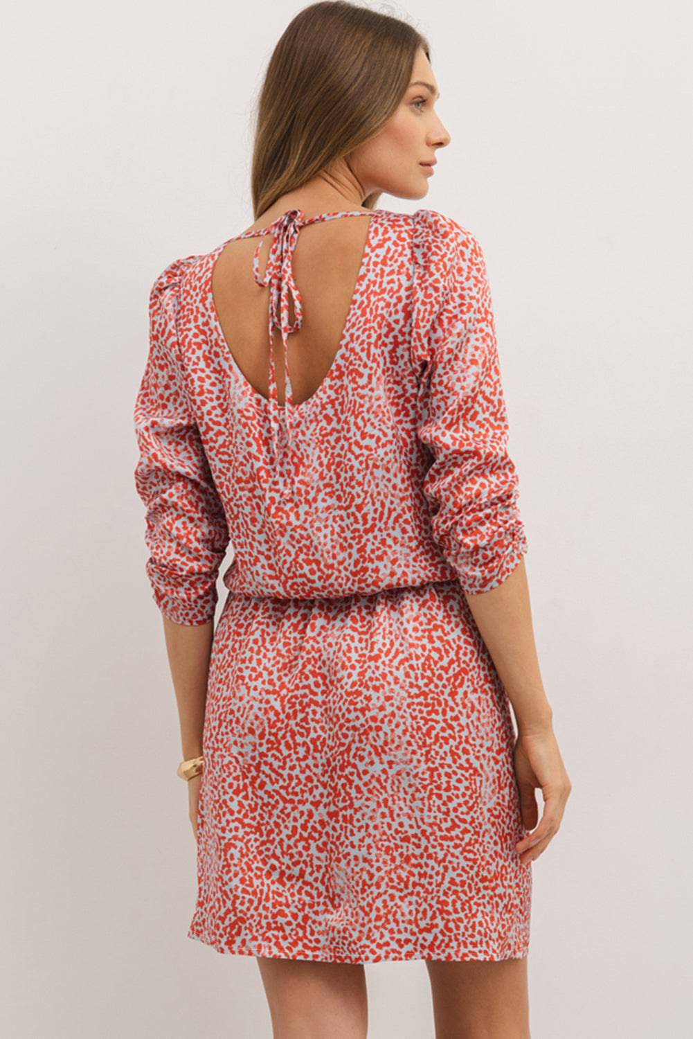 Tomato Red Leopard Print Long Sleeve Hollowed Back Split Mini Dress eAura