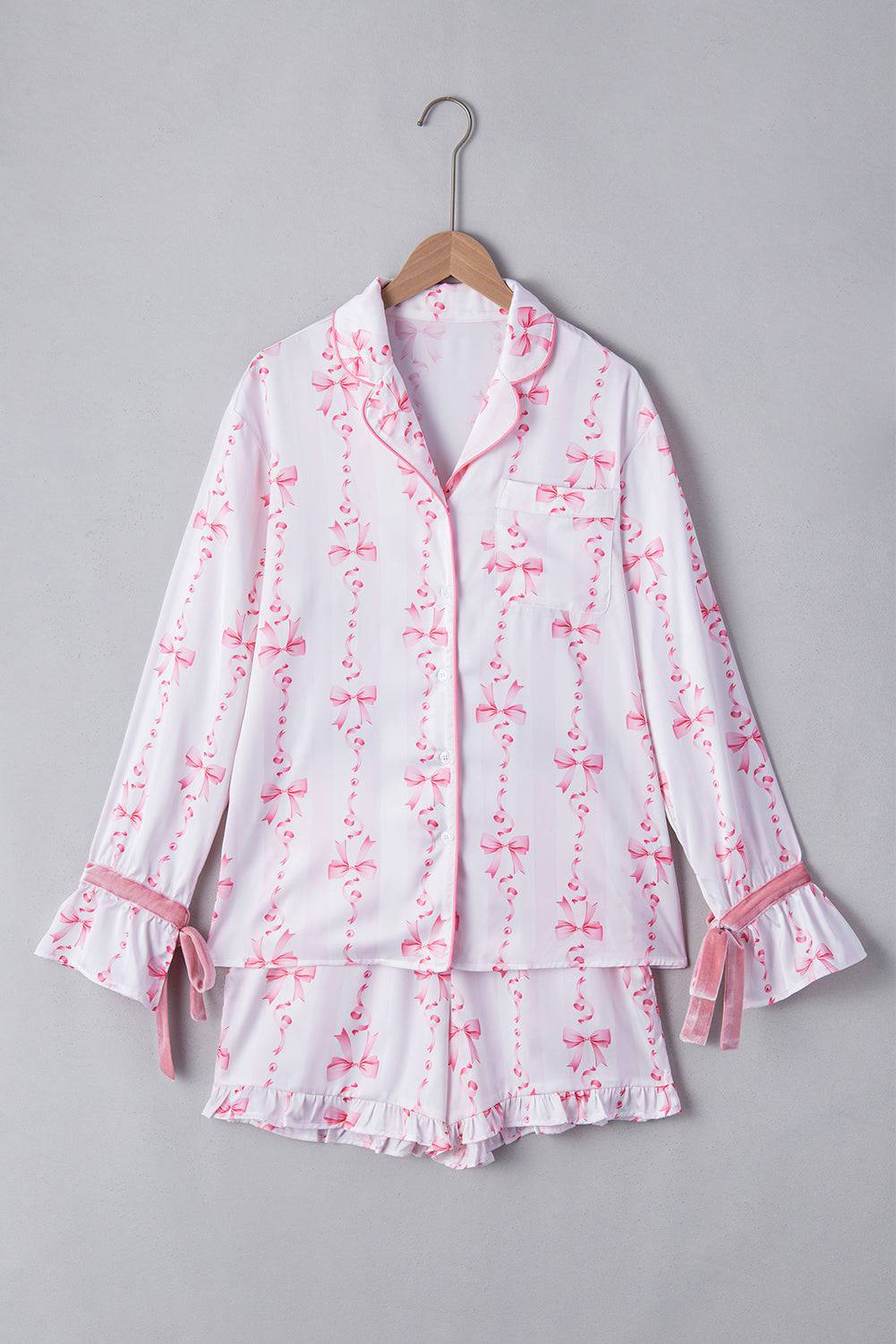 Pink Satin Bow Bell Sleeve Shirt and Ruffled Shorts Pyjama Set BB Fashion Outlet